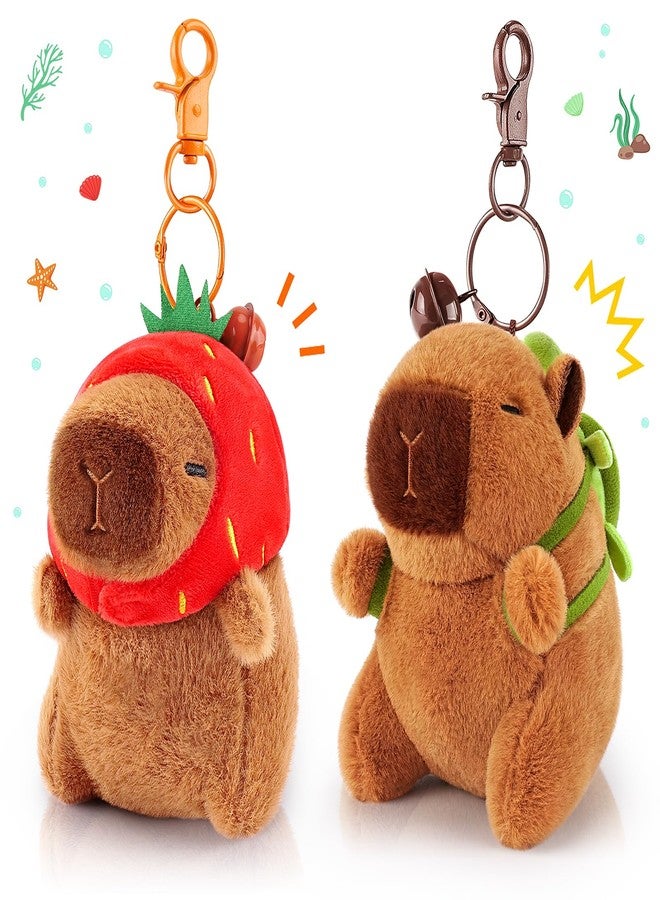 Achwishap 2PCS Capybara Plush Keychain,Cute Keychain Capybara Stuffed Animal,Soft Capybara Plush Toys Key Chain,Kawaii Plushie Stuffed Toys for Kid Birthday Gift Adult Valentine(Turtle,Strawberry Hat) - Image 1